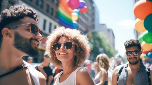 Happy people at gay pride parade. Pride month celebration, LGBTQ rainbow flag. Generative Ai