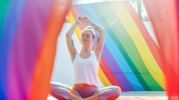 Happy relaxed female yoga teacher stretching in the yoga studio. Pride month celebration, LGBTQ rainbow flag. Generative Ai.