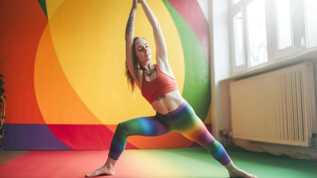 Happy relaxed female yoga teacher stretching in the yoga studio. Pride month celebration, LGBTQ rainbow flag. Generative Ai.