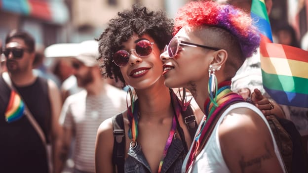 Happy African American woman with painted hair at gay pride parade. Pride month celebration, LGBTQ rainbow flag. Generative Ai