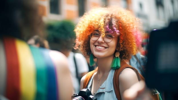 Happy people at gay pride parade. Pride month celebration, LGBTQ rainbow flag. Generative Ai.