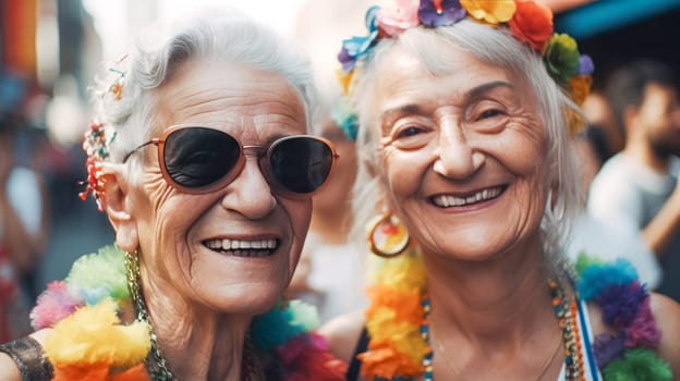 Happy senior American woman with grey hair at gay pride parade. Pride month celebration, LGBTQ rainbow flag. Generative Ai
