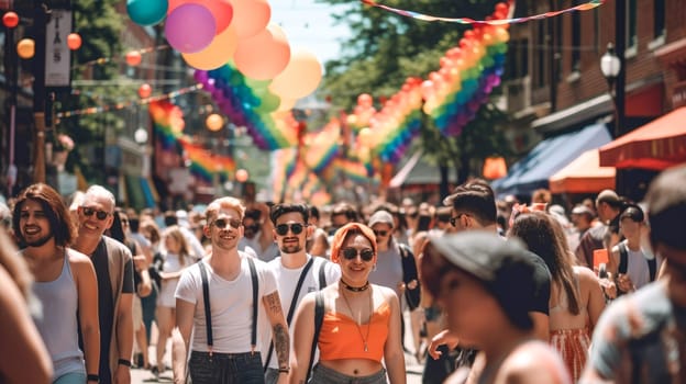 Happy people at gay pride parade. Pride month celebration, LGBTQ rainbow flag. Generative Ai