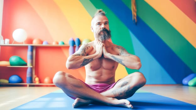 Happy relaxed male yoga teacher stretching in the yoga studio. Pride month celebration, LGBTQ rainbow flag. Generative Ai