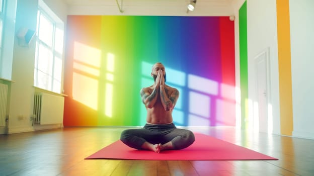 Happy relaxed male yoga teacher stretching in the yoga studio. Pride month celebration, LGBTQ rainbow flag. Generative Ai