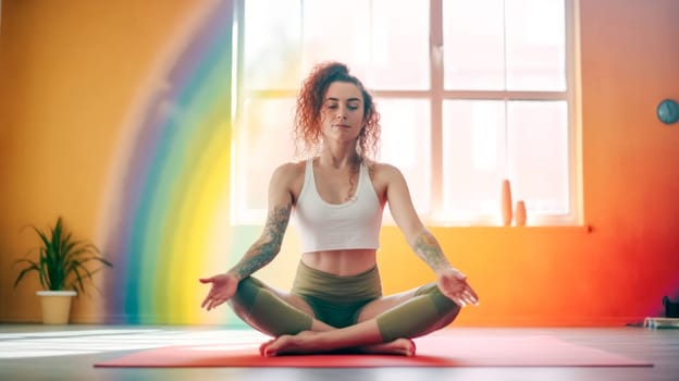 Happy relaxed female yoga teacher stretching in the yoga studio. Pride month celebration, LGBTQ rainbow flag. Generative Ai.