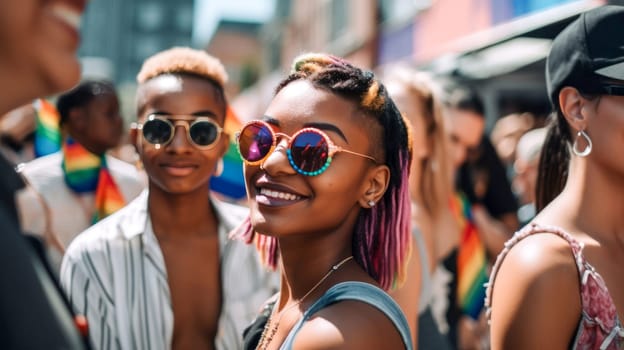 Happy African American woman with painted hair at gay pride parade. Pride month celebration, LGBTQ rainbow flag. Generative Ai