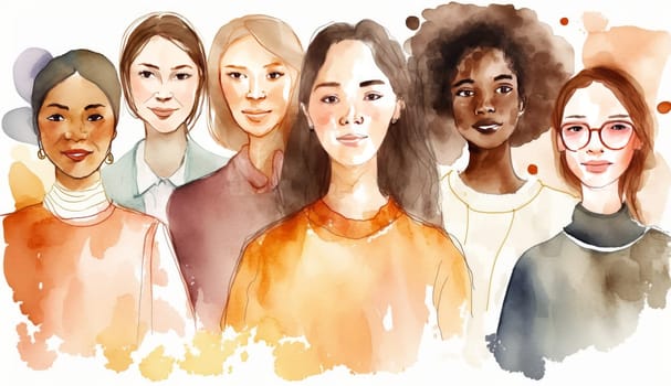 Female diverse faces profile watercolor style, different ethnicity and hairstyle. Woman empowerment movement. Happy International Women's day, 8 March. Generative ai