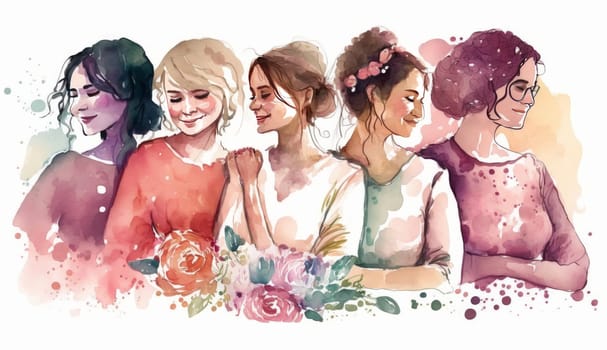 Female diverse faces profile watercolor style, different ethnicity and hairstyle. Woman empowerment movement. Happy International Women's day, 8 March. Generative ai