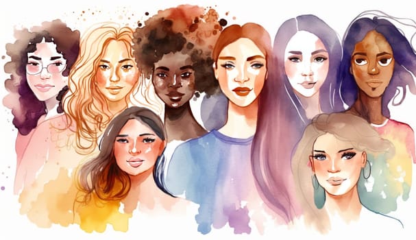 Female diverse faces profile watercolor style, different ethnicity and hairstyle. Woman empowerment movement. Happy International Women's day, 8 March. Generative ai