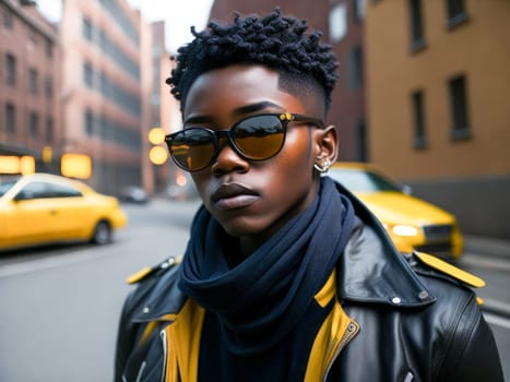 Charming black man in sunglasses wearing stylish leather jacket with yellow scarf looking at the camera standing on a blurred city background. Hipster boy. Generative Ai