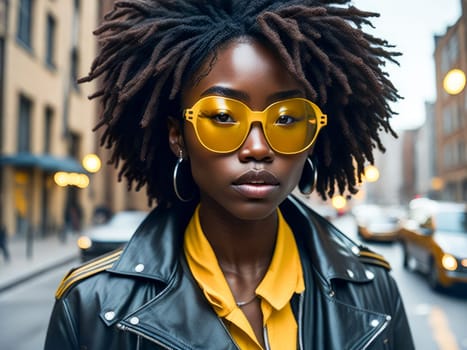 Charming black woman in yellow sunglasses wearing stylish leather jacket looking at the camera standing on a blurred city background. Hipster girl. Generative Ai