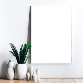 Empty wooden picture frame mockup. Golden vase with plant on white table. White wall background. Elegant working space. Scandinavian interior design. Home office concept. Generative Ai