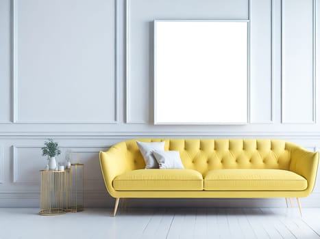 Blank frame mockup for artwork or print on white wall with yellow couch, copy space. Interior design. Generative Ai