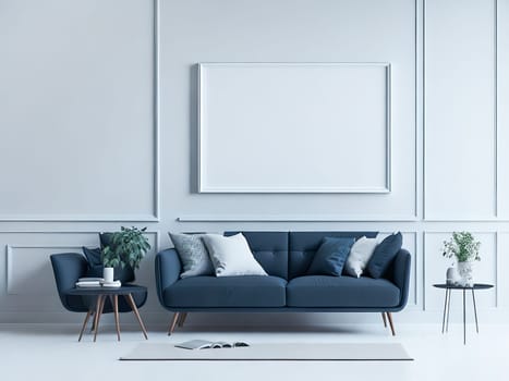 Blank frame mockup for artwork or print on pastel blue wall with blue couch, copy space. Interior design. Generative Ai