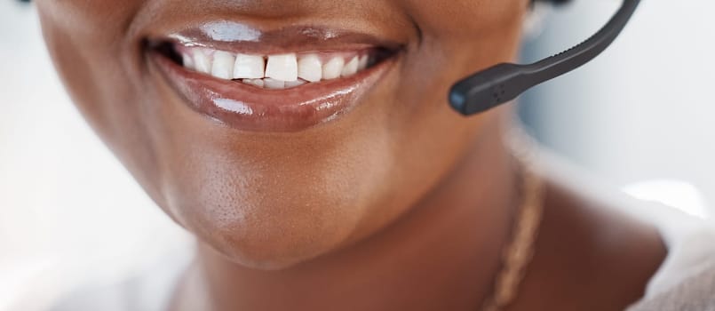 Call center, microphone and mouth of a woman agent for telemarketing, sales or crm work. Smile of a woman consultant with a headset for customer service, contact us and help desk support or advice.