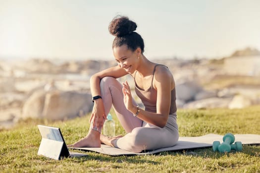 Tablet, woman coach and meditation for workout, relax and exercise for tutorial, outdoor and connect. Digital device, black girl and trainer with fitness video call, wellness and online instructor