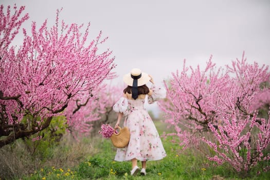 Woman blooming peach orchard. Against the backdrop of a picturesque peach orchard, a woman in a long dress and hat enjoys a peaceful walk in the park, surrounded by the beauty of nature