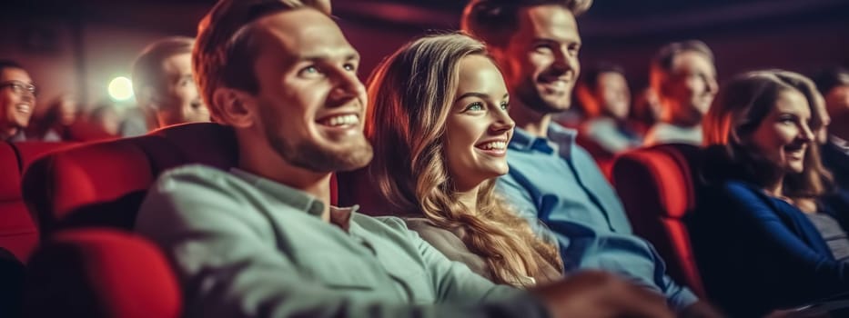 a group of people in a movie theater watching a movie with a smile on their faces, banner, made with Generative AI. High quality illustration