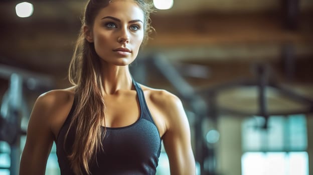 portrait of a young sports woman in fitness clothes at the gym, banner with copy space, made with Generative AI.