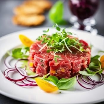 Keto diet, carnivore diet. Beef steak tartare with greenery and vegetables. AI Generated