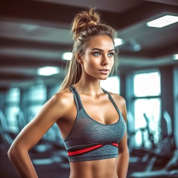 portrait of a young attractive fit woman in the gym in sportswear, made with Generative AI. High quality illustration