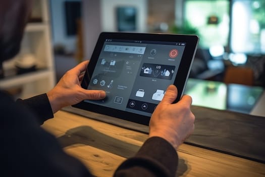 Smart home and technology concept. male hands holding tablet to control smart home devices. AI Generated