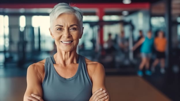 senior fitness woman in sportswear, healthy lifestyle concept, exercise for a beautiful figure, banner with copy space, made with Generative AI.