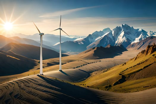 Panoramic view of wind farm or wind park, with high wind turbines for generation electricity with copy space. Green energy concept. Generative AI