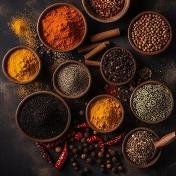 various kinds of spices on black stone surface