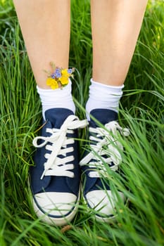 Beautiful casual shoes with delicate bright colors in socks. Fashionable stylish sports casual shoes. Flowers in blue sneakers, a classic