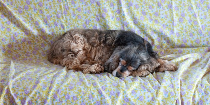 An elderly cocker grannyat home . Home living. Lifestyle. Cosy. Senior dog. Sleeping beauty.