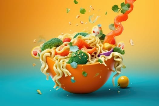 Instant noodles with veggies in bowl. Hot cooked delicious noodles , fast food concept idea, AI Generated