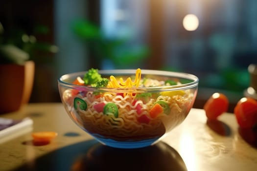 Instant noodles with veggies in bowl. Hot cooked delicious noodles , fast food concept idea, AI Generated