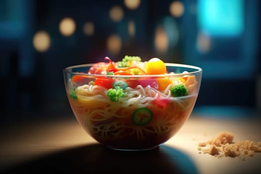 Instant noodles with veggies in bowl. Hot cooked delicious noodles , fast food concept idea, AI Generated