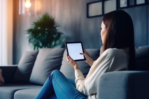 Smart home and technology concept. Female hands holding tablet to control smart home devices. AI Generated