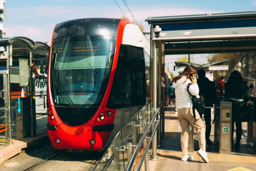 Modern tram in the historical city, in Istanbul, Turkey