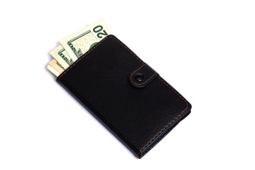 Dollars in wallet isolated on white background close up