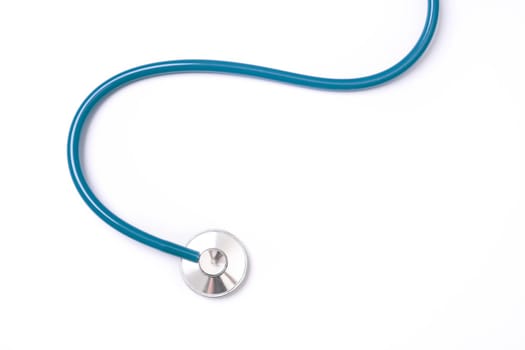 Green stethoscope, object of doctor equipment, isolated on white background. Medical design concept, cut out, clipping path, top view, studio shot.