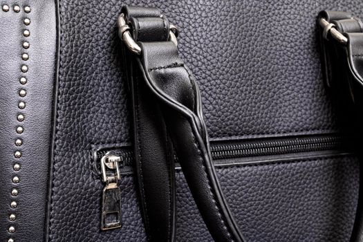 Black Leather women bag with handles close up