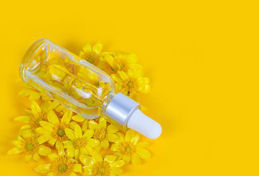 A bottle with a pipette serum on a yellow background surrounded by spring flowers