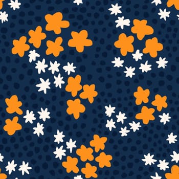 Hand drawn seamless pattern with orange dark blue navy flower floral elements, ditsy summer spring botanical nature print, bloom blossom stylized petals
