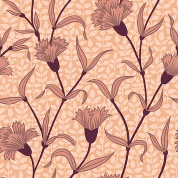 Hand drawn seamless pattern with beige carnation. Retro flower floral elements, ditsy summer spring botanical nature print, bloom blossom stylized petals