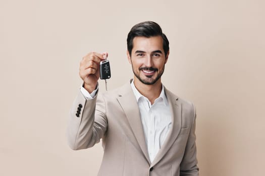 man smile service isolated driver rental business electronic hand key car sign vehicle auto alarm studio happy lock buy security holding
