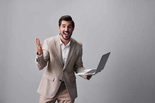 business man guy work internet portrait using freelancer laptop shirt copyspace suit online technology wireless stylish happy businessman job smiling computer