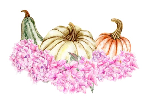 Fall composition with pink hydrangea and pumpkins. For cards, backgrounds. Watercolor illustration for scrapbooking. Perfect for wedding invitation.