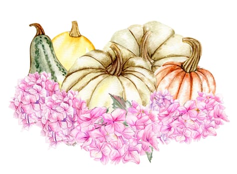 Fall composition with pink hydrangea and pumpkins. For cards, backgrounds. Watercolor illustration for scrapbooking. Perfect for wedding invitation.