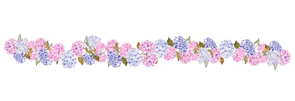 Watercolor horizontal seamless background with blue and pink hydrangea . Perfect for scrapbooking, kids design, wedding invitation, greetings cards.
