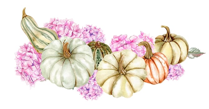 Fall composition with pink hydrangea and pumpkins. For cards, backgrounds. Watercolor illustration for scrapbooking. Perfect for wedding invitation.