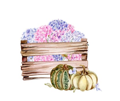 Fall composition with pink hydrangea and pumpkins. For cards, backgrounds. Watercolor illustration for scrapbooking. Perfect for wedding invitation.